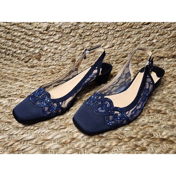 J. Renee Women’s 8.5M Faleece Lace/Satin/Sequins Slingback Heels Navy Blue - Picture 3 of 11